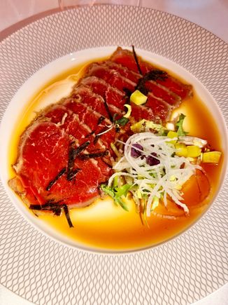 West Country sirloin beef tataki truffle ponzu, pickled radish