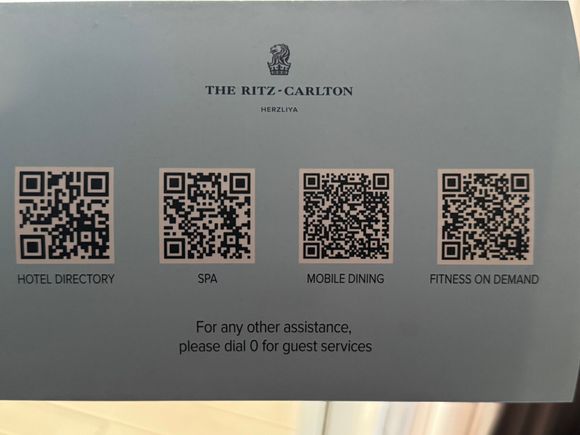 QR Codes for hotel services. Of note, the fourth option leads to a 7 day trial of virtual fitness classes