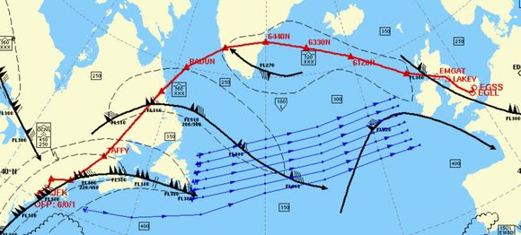 The red line is the route and the blue lines the North Atlantic tracks that evening 