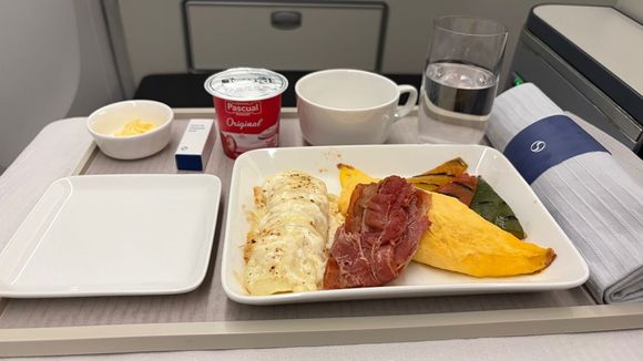 Plain omelette with potato gratin, yogurt (the other choices were Korean style assorted Jeon and Pork Humba with garlic rice). Served 2 hours before landing.