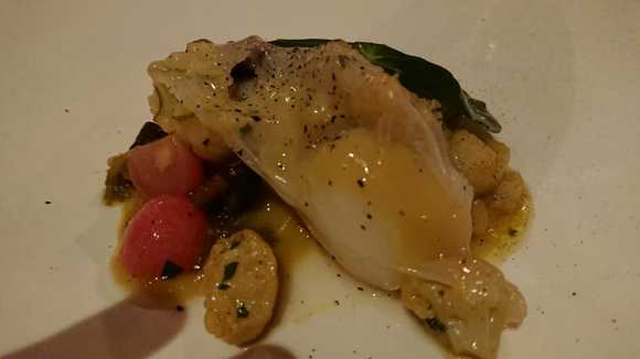 monkfish, fat from ham, wine leaf