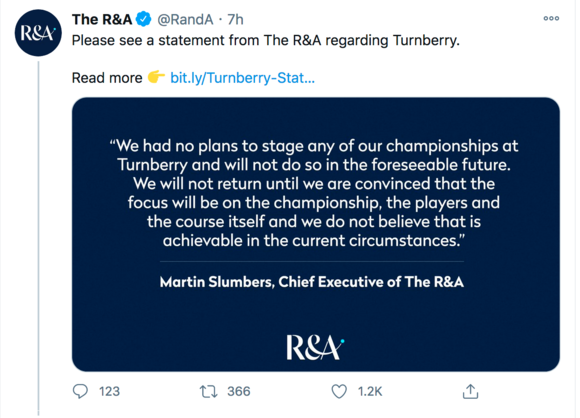 The Organization that controls the British Open says it will not return to Trump Turnberry for "the foreseeable future." 