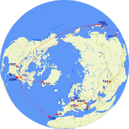 Left from ORD, not EWR (spurious EWR-HND just to force north-pole view)