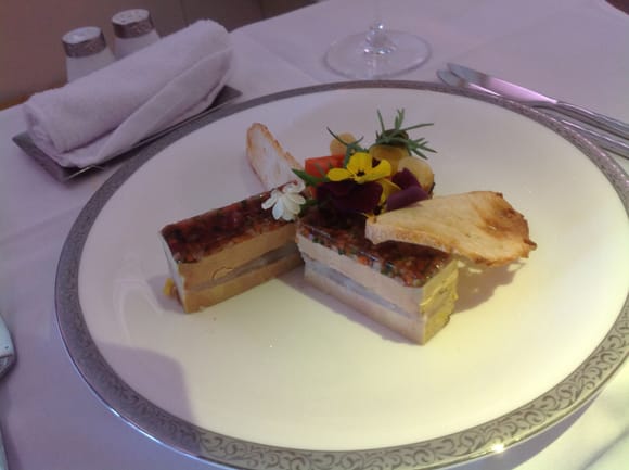 Pressé of duck foie gras with smoked eel, small vegetable pickles