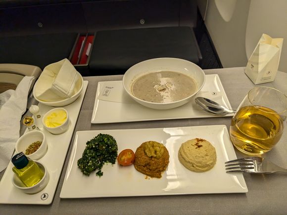 Soup was very good, mezze was good but nothing too extraordinary. I was considering asking for both apps but I had eaten way more food than expected at the ICN SQ lounge (wow one of the best lounge dining experiences I've had, wished it were open for more than just the SQ departure times at ICN) so I went with the mezze as I asked if it had muhammara (which I love). Interestingly I actually think the muhammara that comes with the Y meals sometimes is better (this was still very good).