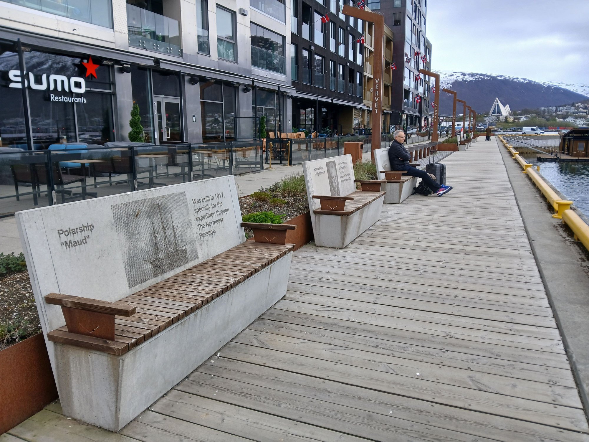 Past the benches inscribed with information about various arctic expeditions