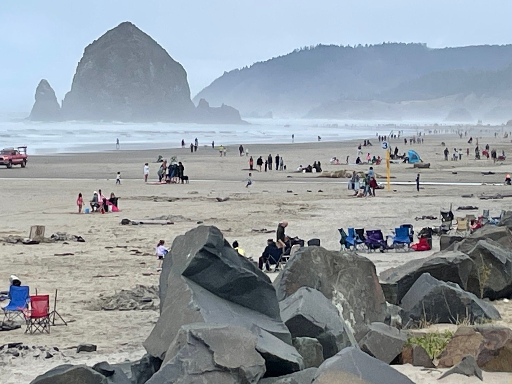 Cannon Beach, pretty crowded for an overcast day