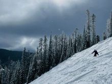 Kate finally skiing the steepest run at Showdown. 