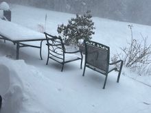 Hard to tell how much snow has fallen so far because the wind blows it off the surfaces but you can see it drifting against the house. 