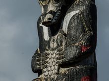 Native culture abounds in Ukee, which makes it a fantastic place to rent and stay awhile. Note the orca-salmon-bear imagery in the carving.