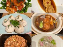 Clockwise from top left - chicken, pickled fennel root, lion's head, type of white fungus, fried rice, pan fried buns 
