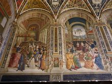 The work was commissioned by Cardinal Cardinal Francesco Todeschini Piccolomini (later Pope Pius III, keeping it in the family)