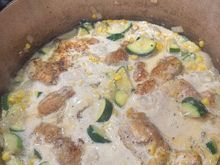 Added cream cheese then milk, water and chicken.  Ten more minutes of cooking and then done.