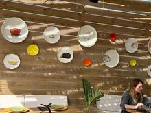 Plates painted with food images, similar to the ones at AZOTEA GRAN PODER in Sevilla.   Beautiful!!