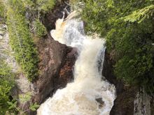Devils Canyon Falls. Two falls drop into one spot and half of the water disappears into an underwater cavern and goes ?????? I bet the sneaky Canadians steal the water to use in their Labatts beer.