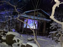 The tea hut with all the snow. 