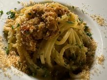 Spaghettoni with Ricci di mare (sea urchin) topped with coarse bread crumbs (off menu special that I asked for).  This is a half order.