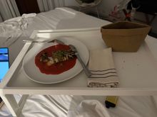 Vegetarian eggplant rollatini served to ailing guest in room; at right is paper basket of delicious bread that I used to mop up the sauce.