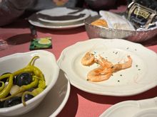 Pepper and olive mix, with shrimp at right