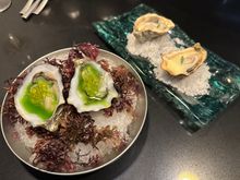 Spectacular Gillardeau oysters--each of us had one with sherry/butter sauce and the other, my favorite, with a cold sauce of cucumber and dill...I will be ordering more oysters from now on....