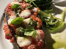 Eggplant parmesan, stuffed into the skin of a small eggplant.  We both ordered this.  Puglia is a paradise for vegetarians--they even make "meatballs" with bread!!  (But that dish has some cheese mixed in)