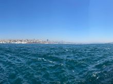 Panoramic photo from Sarayburnu Park, you can see the massive Four Seasons yacht blockin the view on the left