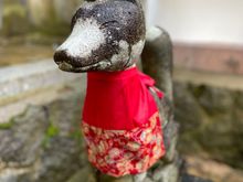 The red apron on a shrine's fox statue serves as protection from evil spirits