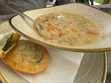 Barley soup with tutres (fried bread stuffed with spinach)