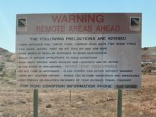 Warning on the William Creek Road. We were prepared!
