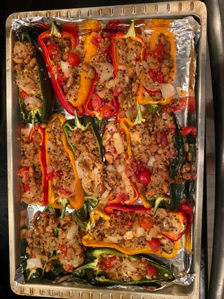 Here they are with a vegetarian stuffing. A few for dinner, a few to freeze. The poblanos have a nice zing which I like but is a little too much for my wife,