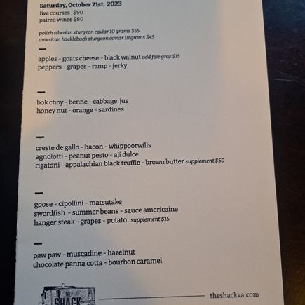 Menu at The Shack, Staunton VA the evening we dined therewww