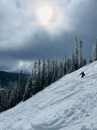 Kate finally skiing the steepest run at Showdown. 