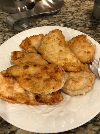 
Boneless chicken pounded, floured and fried in veg oil.

