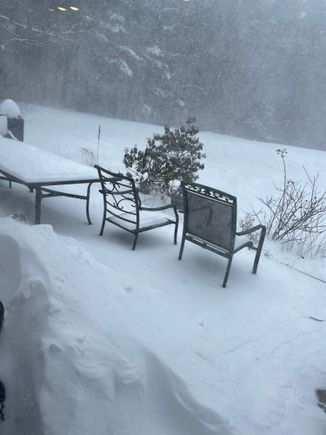 Hard to tell how much snow has fallen so far because the wind blows it off the surfaces but you can see it drifting against the house. 
