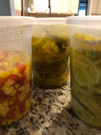 Some of my pickles and corn.  I didn’t bother to process them as they will keep in the fridge for a few months and will never last that long!