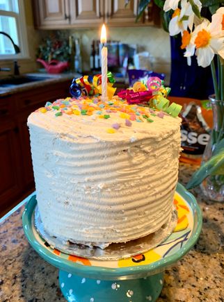 I should probably lie and say I baked this for her, but being the upstanding kind of guy I am, Joyce made her own white cake with white icing. Sigh, I just don’t have Percy‘s, Adey’s, Carolyn’s, or js’s baking skills. Not sure I have even tried to bake a cake, not that I couldn’t. I do like to cook.