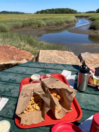 Fried clams and Fried scallops with a view of the salt marsh 