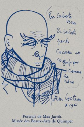 For a century, that brasserie-by-the-prefecture had been the hang-out for local intelligentsia. One was the beloved local Max Jacob, taken to his death by the Nazis. Cocteau later created this iconic sketch and it appeared inside one of the 8 glass showcases which comprised the above-mentioned historic display. Copies of the image appeared here and there across the town.