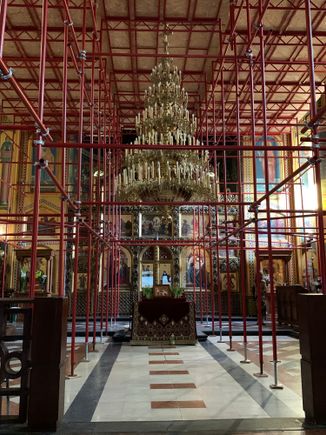Inside the Serbian Orthodox Church.  The scaffolding, I would guess, is a result of the 5.5 earthquake this past March.  This was one of the very few churches in Zagreb I was able to enter.