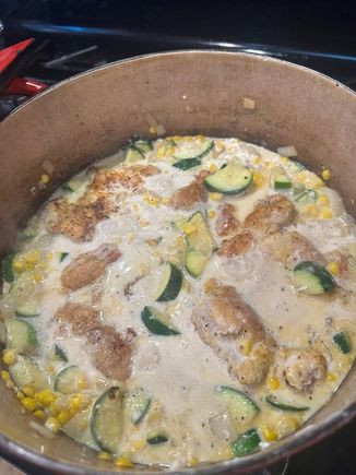 Added cream cheese then milk, water and chicken.  Ten more minutes of cooking and then done.