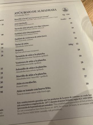 The segment of ANTONIO'S Carta devoted to bluefin (atun rojo de la almadraba)