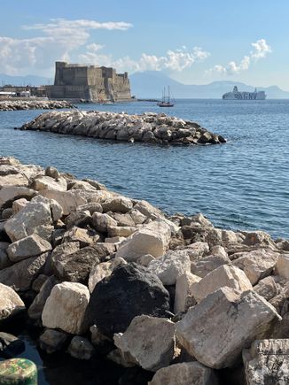 Along Via Paretenope, the Lungomare, with Castel dell'Ovo in the distance 