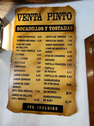 VENTA PINTO..Sandwich and snack menu tacked on wall inside bar area....very atmospheric and friendly area..all are welcome and visitors include foreigners like me, grizzly locals, Spaniards on vacation, non grizzly locals--young and old, dressed like farmers and dressed like urbanites..its all great!!!!!
