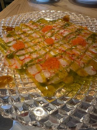 Carpaccio de carabinero....this was gorgeous to look at and just out-of-this-world to eat.   There were two vinaigrettes....and dollops of trout roe....I dream of this, still.....