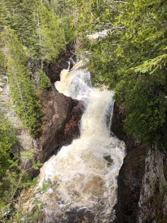 Devils Canyon Falls. Two falls drop into one spot and half of the water disappears into an underwater cavern and goes ?????? I bet the sneaky Canadians steal the water to use in their Labatts beer.