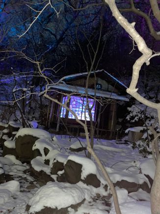 The tea hut with all the snow. 