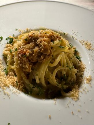 Spaghettoni with Ricci di mare (sea urchin) topped with coarse bread crumbs (off menu special that I asked for).  This is a half order.