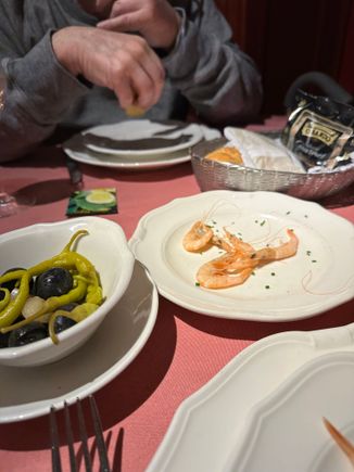 Pepper and olive mix, with shrimp at right