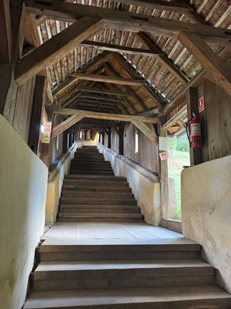 The splendid covered staircase that leads to the entrance of the fortified church in Biertan