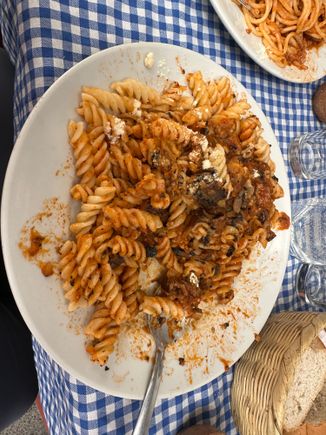 Gemelli pasta with eggplant and basil